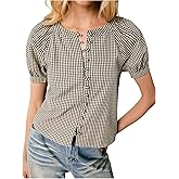 Floerns Women's Gingham Plaid Button Down Blouse Puff Sleeve Crew Neck Babydoll Shirts