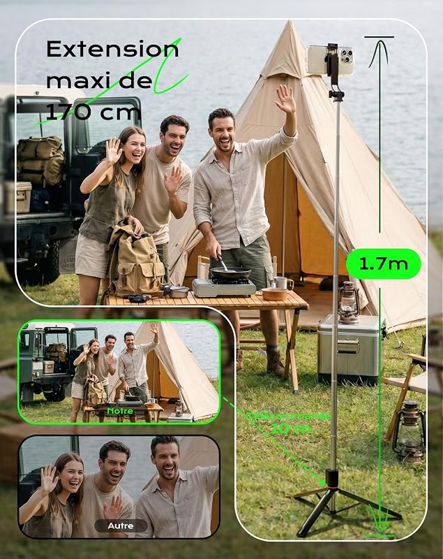 Trepied Smartphone et Perche à Selfie, 170cm Trépied Téléphone Portable avec Télécommande sans Fil, Compatible avec iPhone et Android