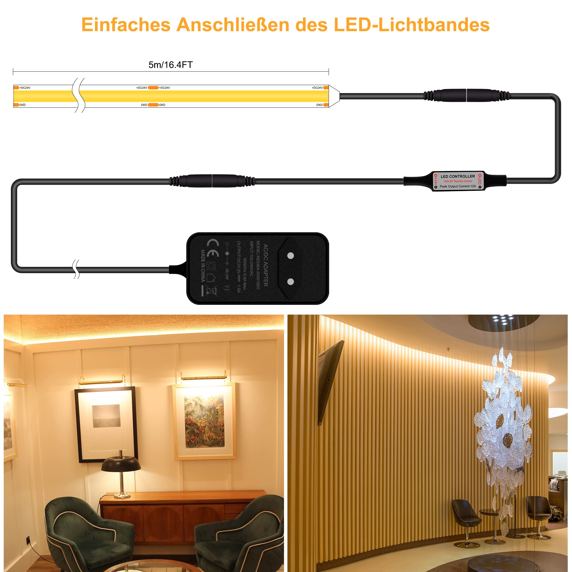 TTWAY COB LED Streifen 2700K Warmweiß, 5M Dimmbares 24V Flexibles COB LED Streifen Licht set, 480LEDs/M, GS Netzteil, mit RF Fernbedienung, CRI90+ helles Unterbaulicht für Fernseher, DIY Dekoration 2