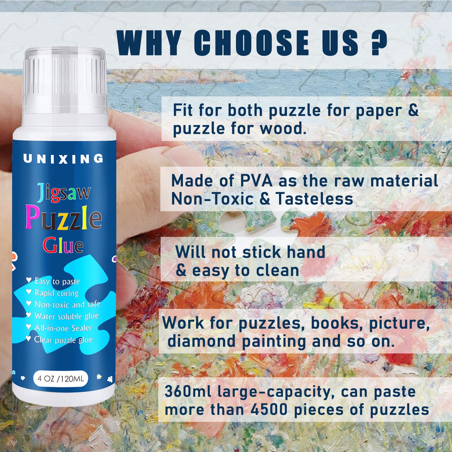 3PCS Jigsaw Puzzle Glue Clear Puzzle Glue with Sponge Head, Water Soluble Craft Puzzle Glue Puzzle Protect Glue for 3000/3500/5000 Pieces of Puzzle (3 Bottle X 120ML)