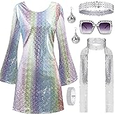 PARTTELY 70s Disco Outfit Women, 70s Theme Disco Dress Costume Shiny Go Go Dress for Halloween Birthday Dance Party