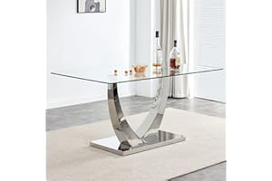 HENF Glass Dining Table for 6 People, 62.8" Modern Kitchen Dining Room Table with Rectangular Tempered Glass Tabletop and U-Shape Pedestal Base,Large Dinner Pedestal Table for Dining Room
