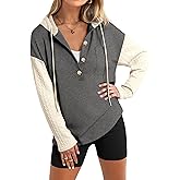 Glamaker Women's Button Down Cable Knit Hoodies Long Sleeve Patch Work Spliced Pullover Hooded Sweatshirts