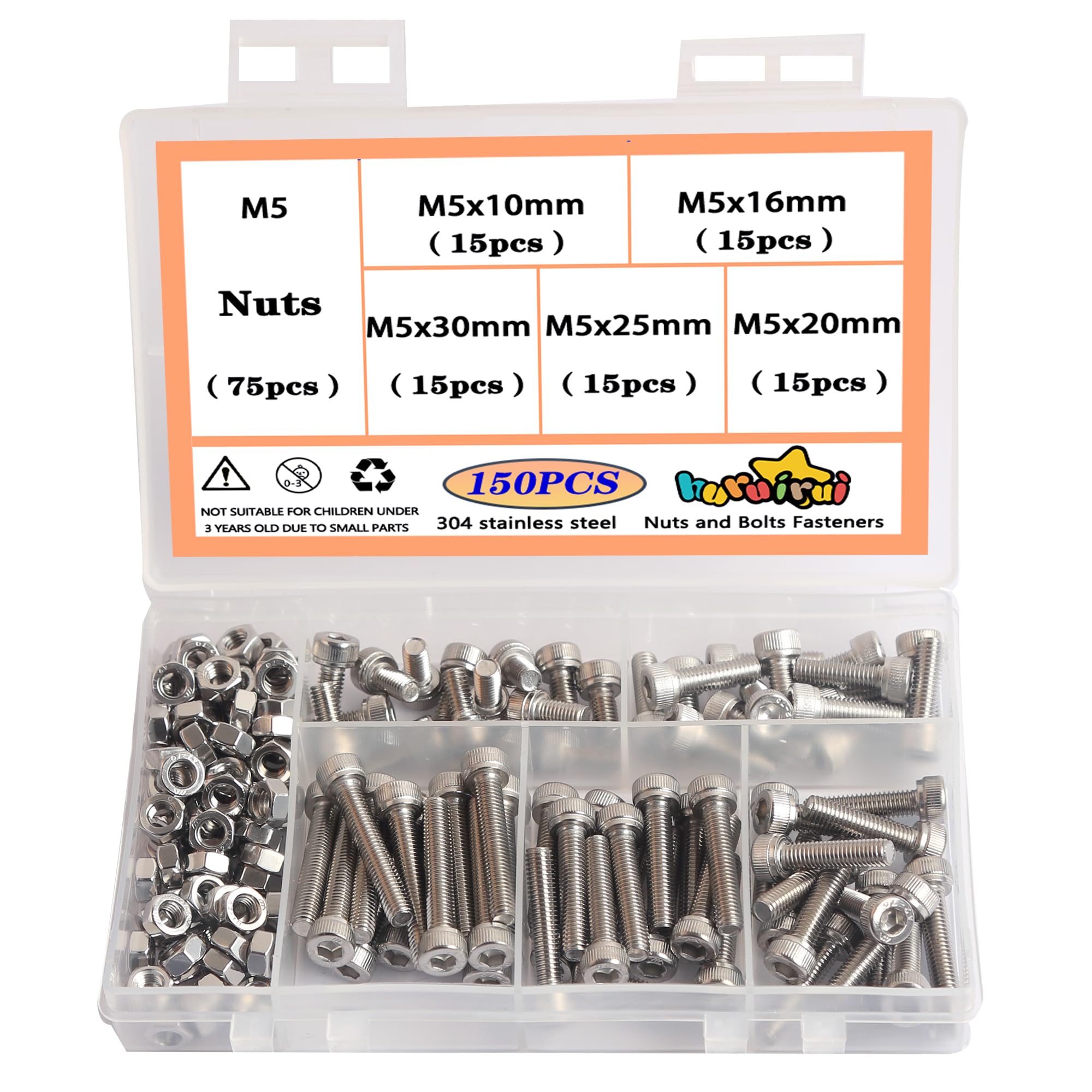huruirui M5 Nuts And Bolts Set 304 Stainless Steel Hex Socket Head Cap Screws Rustproof,Nuts and Bolts Assortment for Car and Boat Accessories Machine Screw 150pcs — image 1