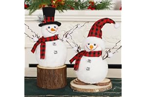 Lulu Home 2 Packs Christmas Snowman Decorations, 15.4" H Snowmen Wearing Buffalo Check Scarfs & Hats, Xmas Plush & Foam Tabletop Ornaments for Mantel Fireplace Window Sill Holiday Decor