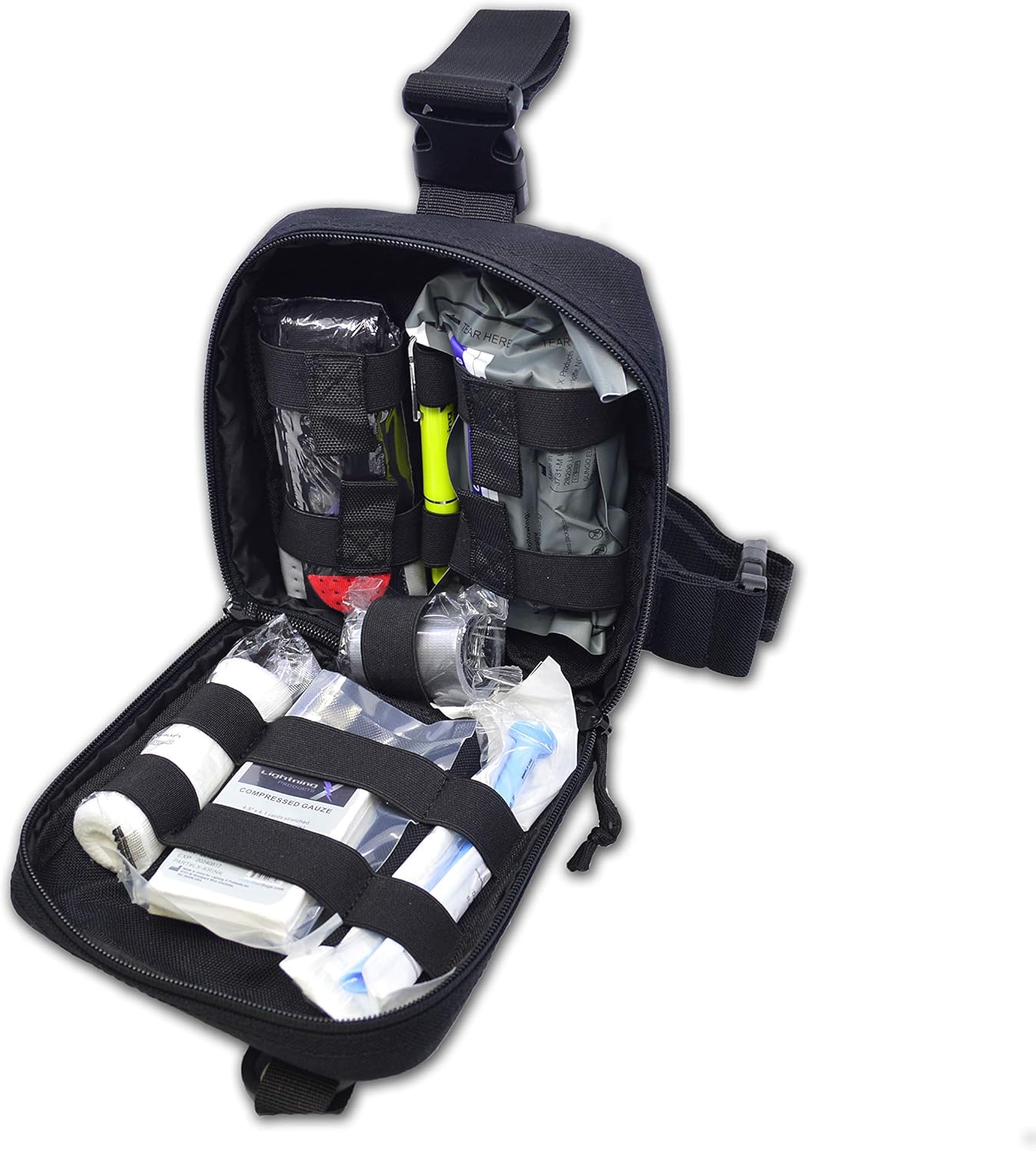 Lightning X Pre-Stocked Drop Leg IFAK Trauma Kit w/MOLLE Bleed Stop Gunshot Wound Care w/QC - Black: Health & Personal Care