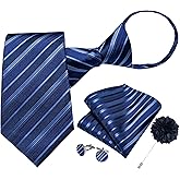 DiBanGu Mens Zipper Tie,Silk Paisley Solid Plaid Pre-tied Tie and Pocket Square Set Formal Adjustable Necktie with Lapel Pin