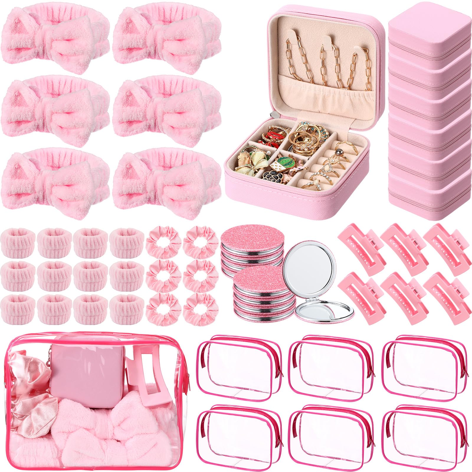 Photo 1 of Suncalla 48 Pcs Spa Party Favors for Girls Pink Sleepover Party Supplies Bow Headband Wristband Scrunchies Hair Clip Jewelry Case Makeup Bag Mirror for Women Bridesmaid Proposal Return Gifts (Pink)