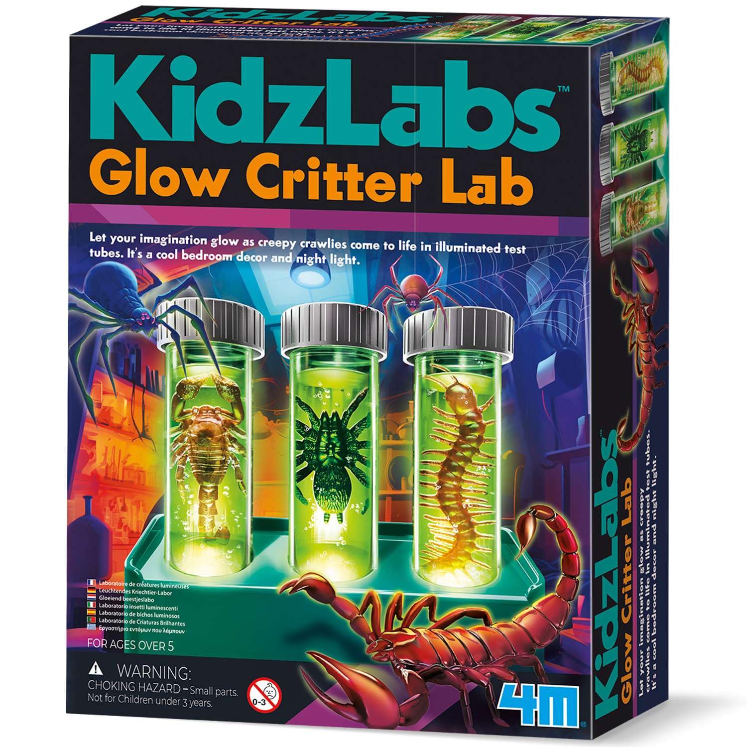 4M KidzLabs Glow Critter Lab | Create Glowing Insect Models in Test Tubes | STEM Science Kit for Kids Age 5+ | Includes Light-Up Base, Spiders, Scorpions & Centipedes | Gift for Boys & Girls