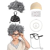 EchoElce 100 Days of School Costume for Girls Old Lady Costume for Kids Grandma Wig Glasses Chain Necklace Bracelet Grandma Dress up Cosplay Accessories Set (Black)