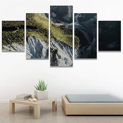 SIGNWIN 5 Panel Canvas Wall Art Mountain Waterfalls...