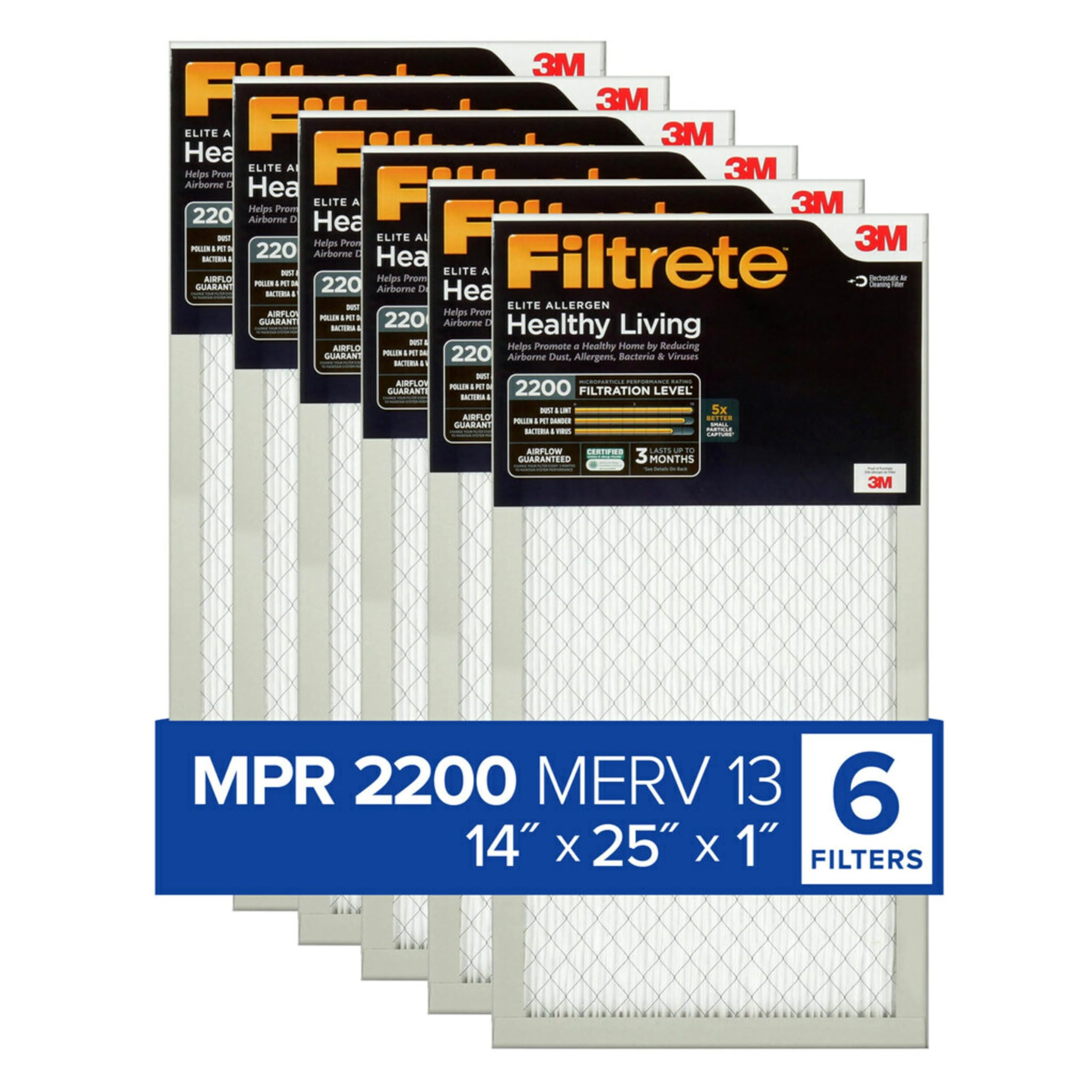 Filtrete 14x25x1 AC Furnace Air Filter, MERV 13, MPR 2200, Elite Allergen, Bacteria & Virus Filter, 3-Month Pleated 1-Inch Electrostatic Air Cleaning Filter, 6-Pack (Actual Size 13.81x24.81x0.78 in) Image