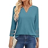Simlakey Womens 3/4 Length Sleeve Tops V Neck Lace Tunic Tops Dressy Casual Shirts Loose Fit 2025 Trendy Business Blouses