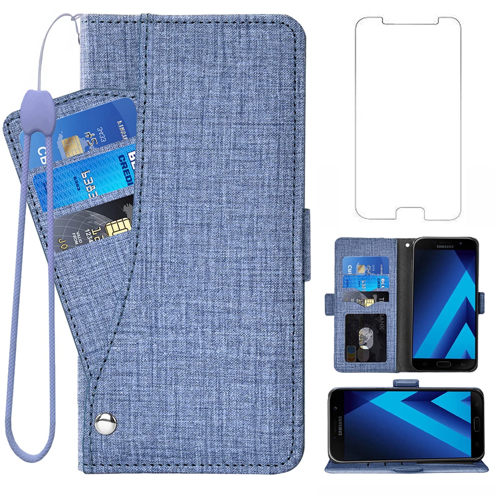 Asuwish Compatible with Samsung Galaxy A5 2017 Wallet Case Tempered Glass Screen Protector and Leather Flip Cover Card Holder Cell Accessories Phone Cases for Glaxay 5A Gaxaly SM-A520W Women Men Blue
