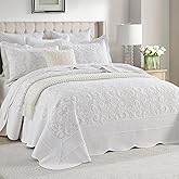 SahSahCasa 100% Cotton 120"x102" Bedspreads, Oversized Queen Bed Spread Quilt Set, Queen Quilted Coverlet Extra Large Quilts, Embroidered Damask Pattern Bed Set Lightweight Comforter, White/Beige