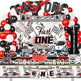 Mpanwen Fast One Birthday Decorations for Boys, 153 Pcs Race Car Birthday Party Supplies - Backdrop, Toppers, Cupcakes Wrappers, Tablecloth, Flags, Centerpiece, Highchair Nanner, Crown and Poster