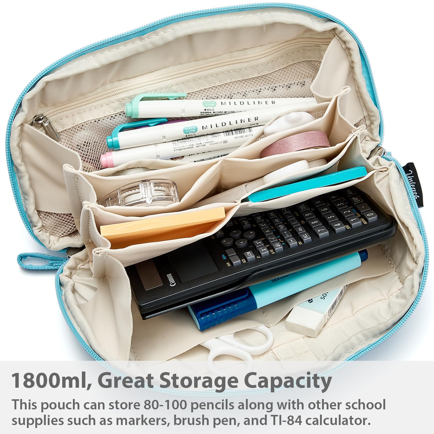 SPACEMATE Pencil Case Pouch Bag School Supplies for Girls and Boys, Large Big Capacity Aesthetic Pen Case, Multi Compartment Zipper Stationery Bag for Women Men Adults, Light Blue, 1800ml