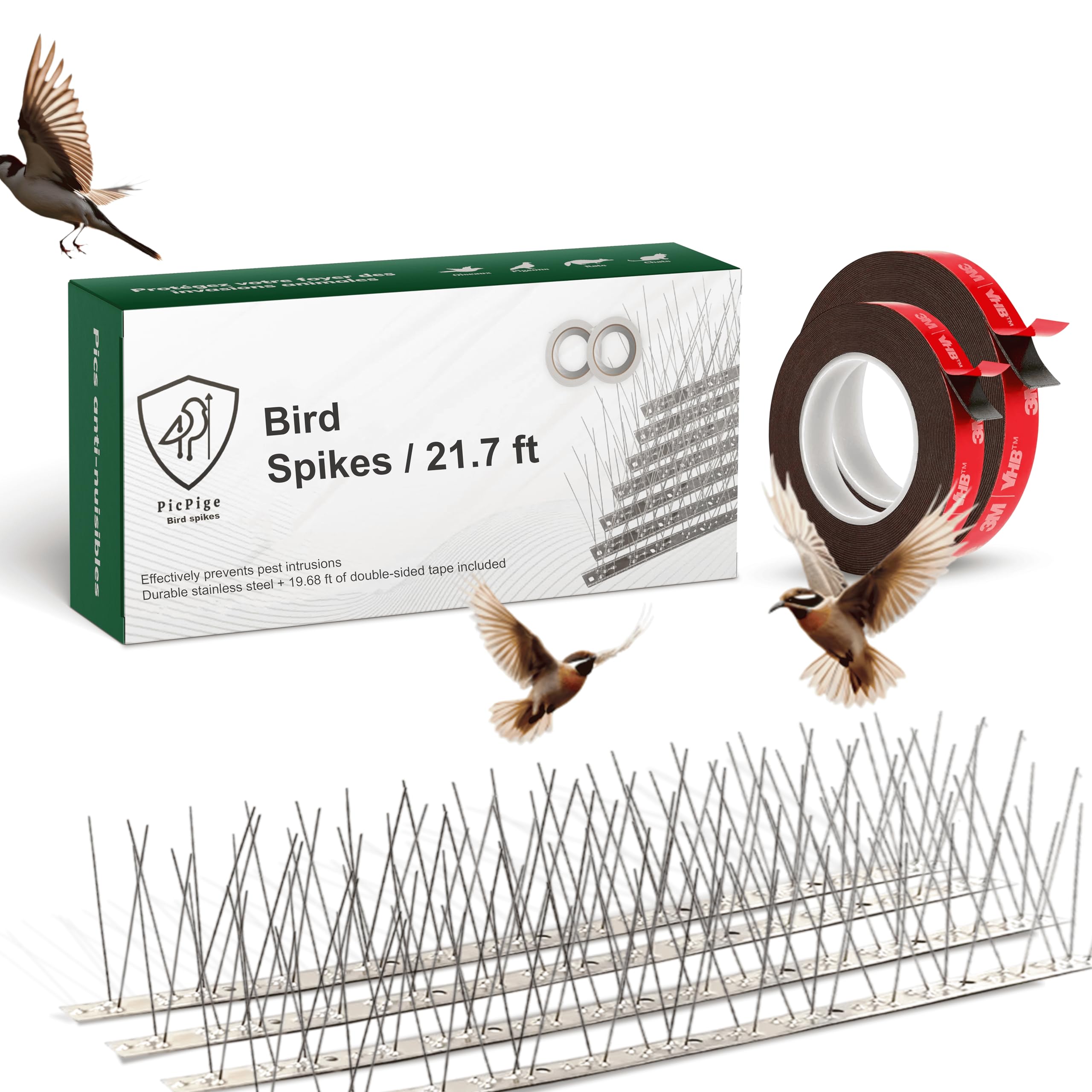 Pigeon Repellent Stainless Steel Bird Repellent - 6.6 m - Stainless Steel - 6M Double-Sided Tape Included - 20 Pieces - Effective Bird Deterrent - Cat Repellent - For Balcony, Window, Roof, Garden