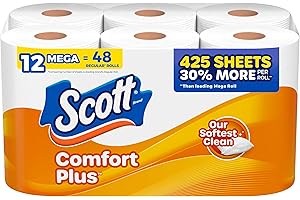 Scott ComfortPlus Toilet Paper, 12 Mega Rolls, 425 Sheets per Roll, Septic-Safe, 1-Ply Toilet Tissue