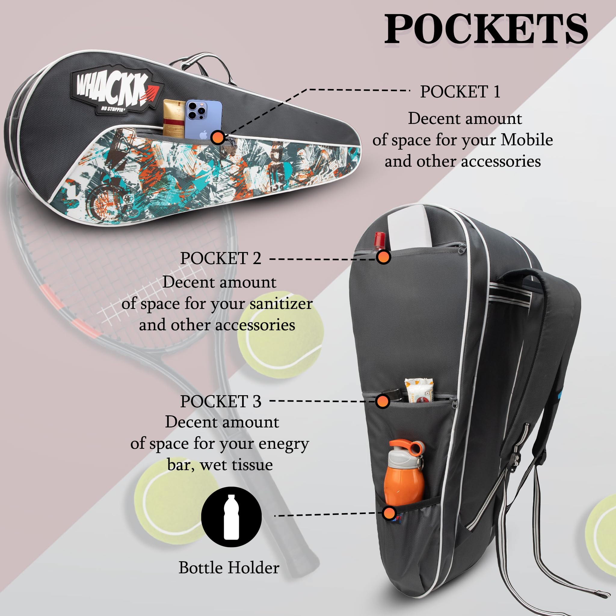 WHACKK Team Tennis Bag Grey | Racket Bag for Tennis & Badminton with Shoe Pocket | Backpack Style Kit Bag for Men, Women & Junior Players 2