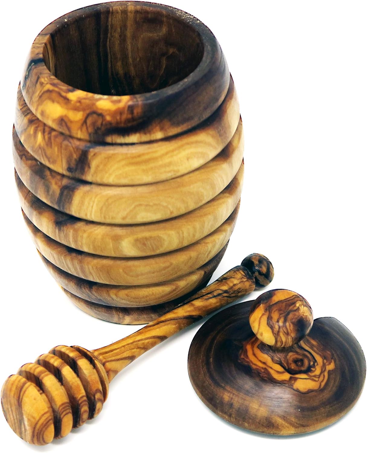 Olive Wood Honey Pot with Dipper Natural Honey Dispenser with Lid