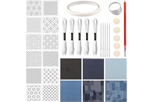 12 Pcs Sashiko Stencils Kit Complete Sashiko Thread and Needles Thimble Set Denim Fabric Embroidery Kit for Beginners Hand Qu