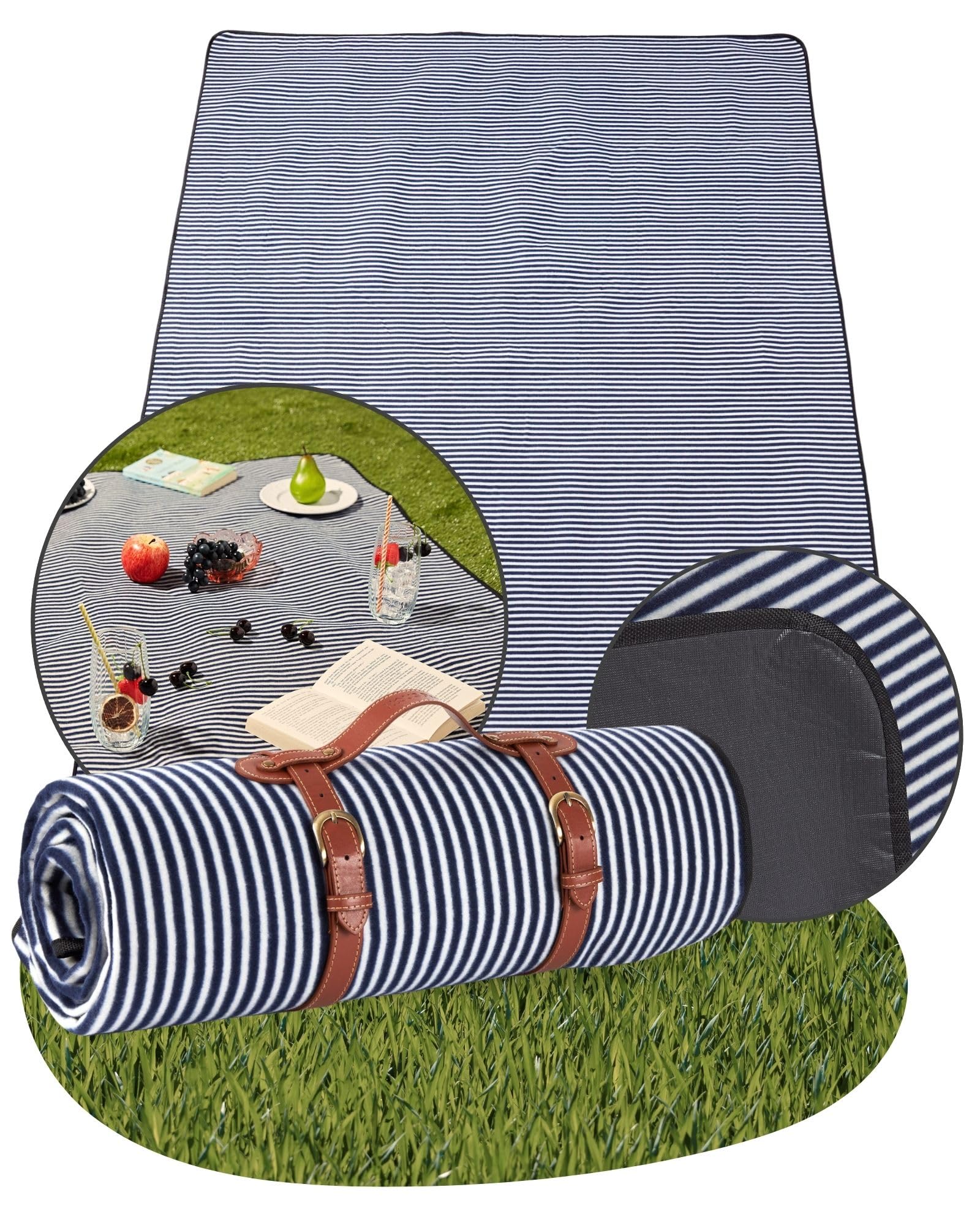 Haus Projekt Fleece Picnic Blanket Dark Blue, 200x150cm Foldable Picnic Mat, Sandproof Beach Blanket with Carry Handle and Hidden Zip Pocket, Festival Camping Essentials, Hiking Accessories