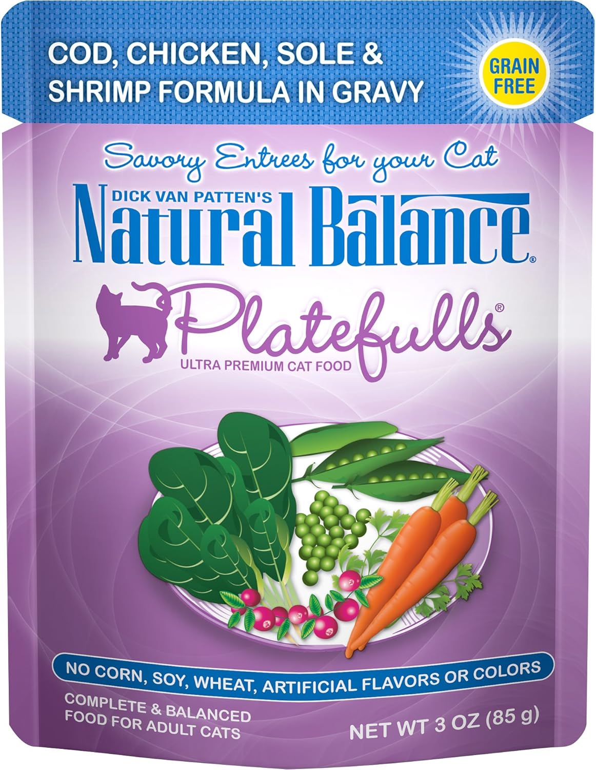 Natural Balance Platefulls Wet Cat Food, Cod, Chicken, Sole & Shrimp Formula in Gravy, 3 Ounce Pouch (Pack of 24), Grain Free