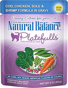Natural Balance Platefulls Wet Cat Food, Cod, Chicken, Sole & Shrimp Formula in Gravy, 3 Ounce Pouch (Pack of 24), Grain Free