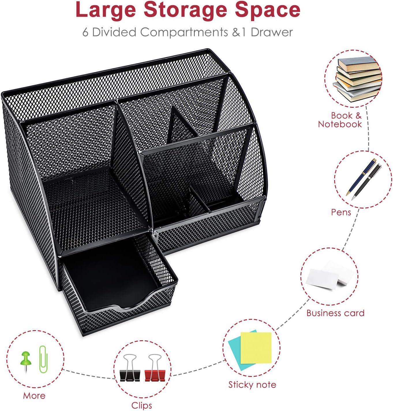 Mesh Desk Organizer Multifunctional Desktop Organizer Office Supplies Holder with 6 Compartments and 1 Drawer for Home, Office, School, Classroom, Workshop by Pipishell: Home Improvement