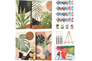 4 Pack Paint by Numbers Adult Kit with Frame, Green Plant Adult Paint by Number Kits on Canvas with Wooden Easel, DIY Acrylic