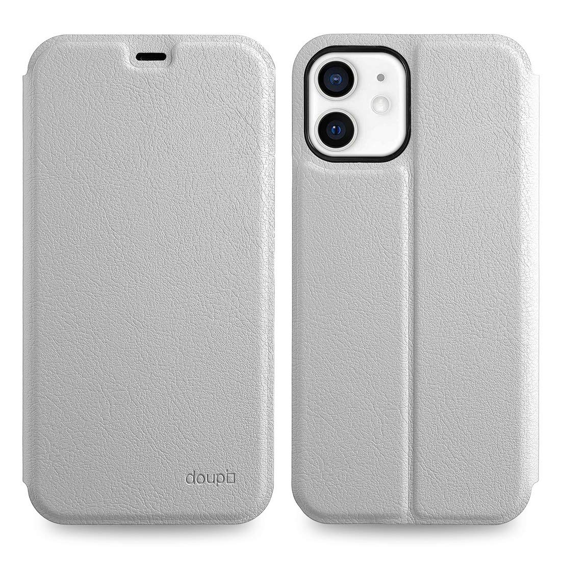 doupi FlipCase for iPhone 12 mini (5.4 inch) - Deluxe Leatherette Magnet Book Style Screen Protector Stand Protective Flip Cover, white