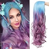 Kaneles Long Curly Wave Ombre Purple Wig for Women Blue To Purple Hair Wigs Middle Part Wavy Wigs for Cosplay Halloween Women Wig