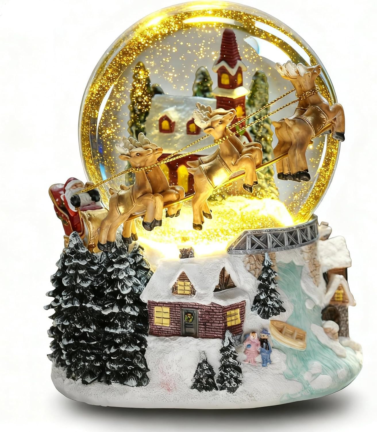 Aobaks Christmas Snow Globe with Led Light and Musical Holiday Decoration Gift, 7 Inch Height Santa Sleigh Reindeer Resin Snow Globe, Christmas Holiday Indoor Decor.