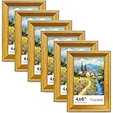 TWING 4x6 Gold Picture Frames Set of 6,Rustic Gold Frames Display Pictures 3x5 with Mat or 4x6 Without Mat,Tabletop Display and Wall Mounting Collage Photo Frame,Set for Wall Gallery