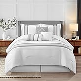 Grand Avenue Striped 7 Piece Grey White Comforter Set, California King Size Microfiber Bedding, All Season Bedding Set, Bed Skirt, Pillows & Shams