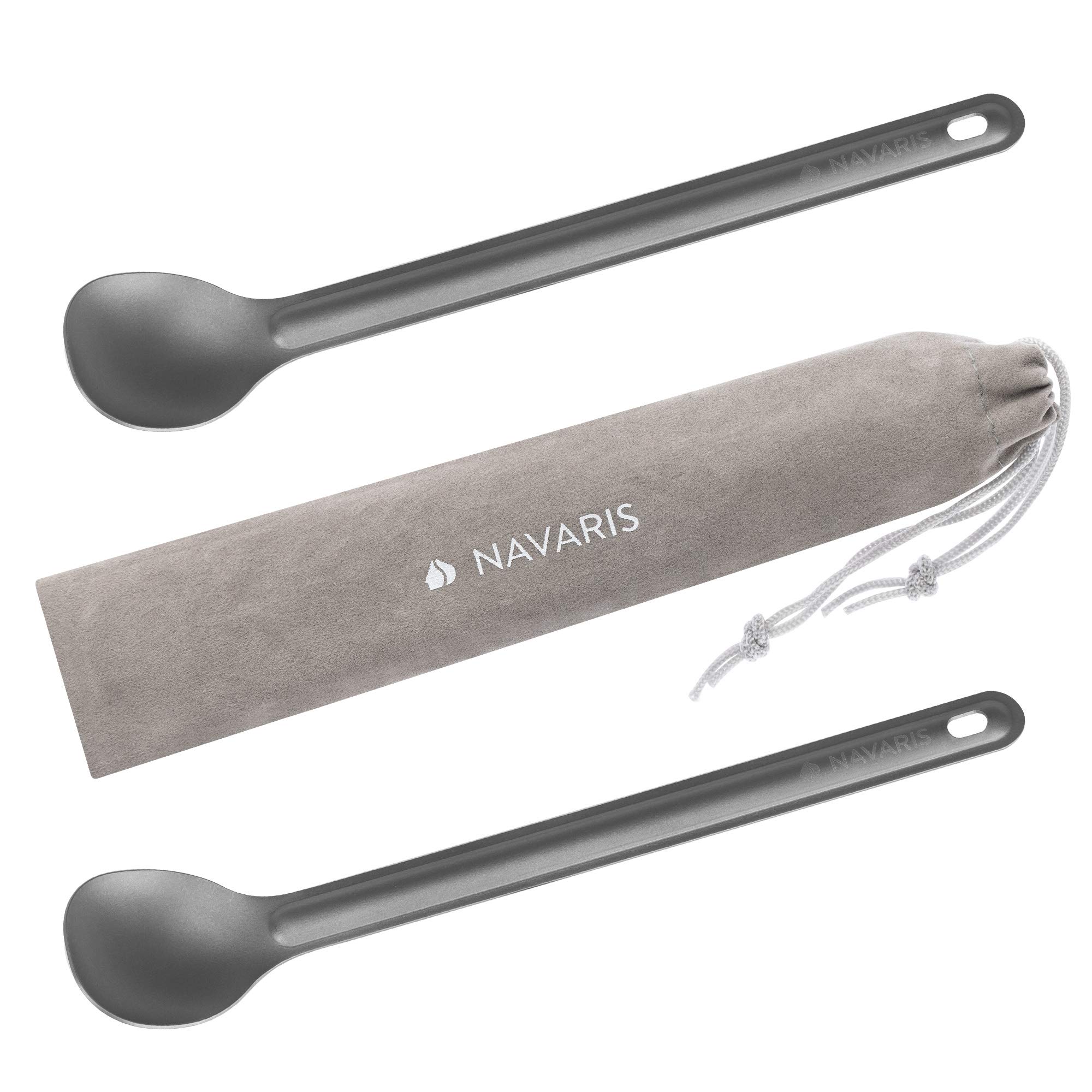 Navaris Long Handle Titanium Spoons (Set of 2) - 21.5cm Long Metal Spoon Set for Backpacking and Camping - Extra Strong and Ultra Lightweight Cutlery