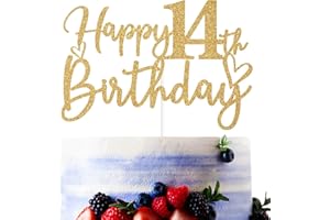 SRIBURCIO Gold Glitter Happy 14th Birthday Cake Topper, Cheers to 14 Years/14 & Fabulous, Funny 14th Birthday Party Decorations for Girls Boys