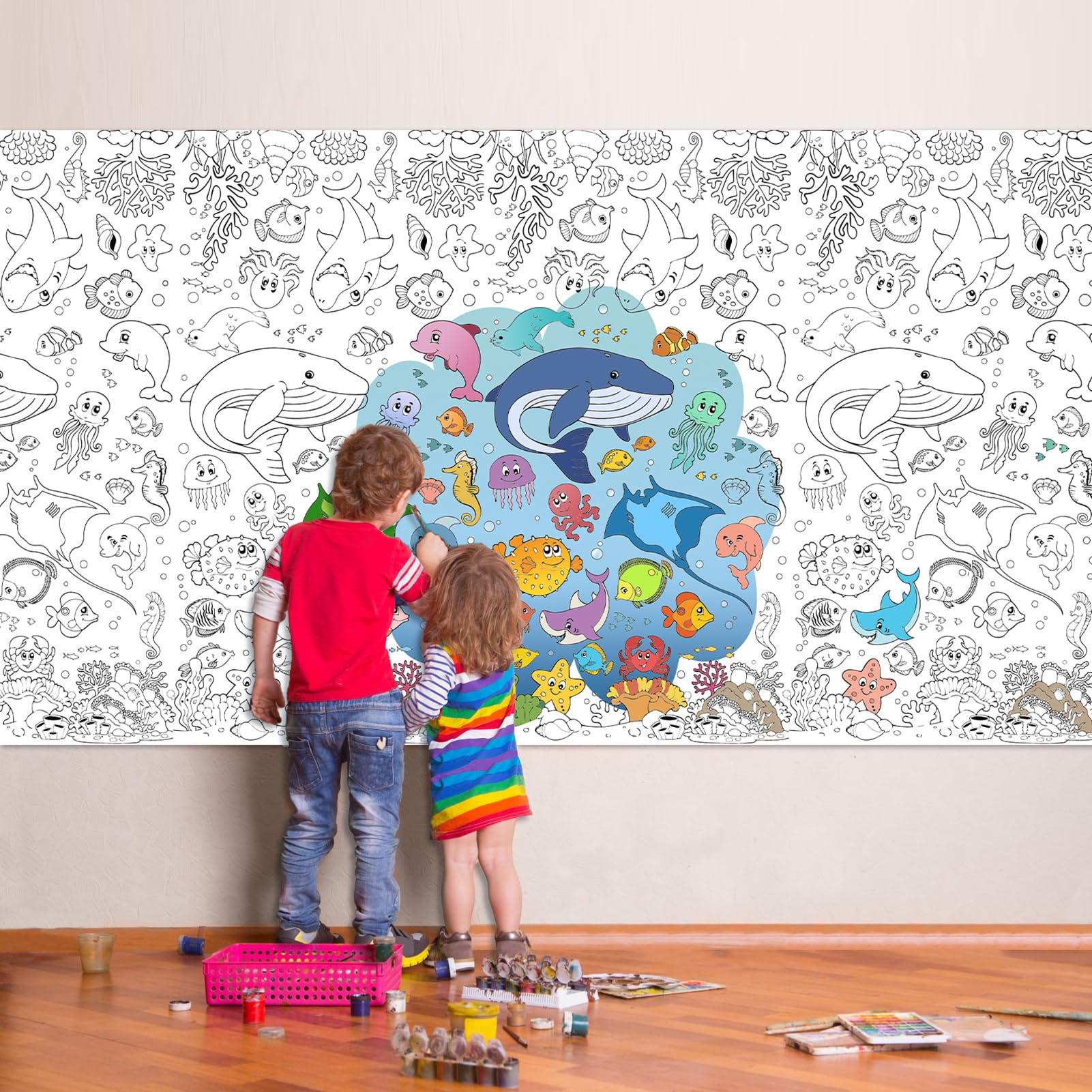 PHOGARY Sea Coloring Poster for Kids Giant Coloring Poster Sea Animal Coloring Tablecloth Jumbo Ocean Animal Coloring Banner DIY Drawing Tablecloth for DIY Arts Crafts Activities 54" x 108"