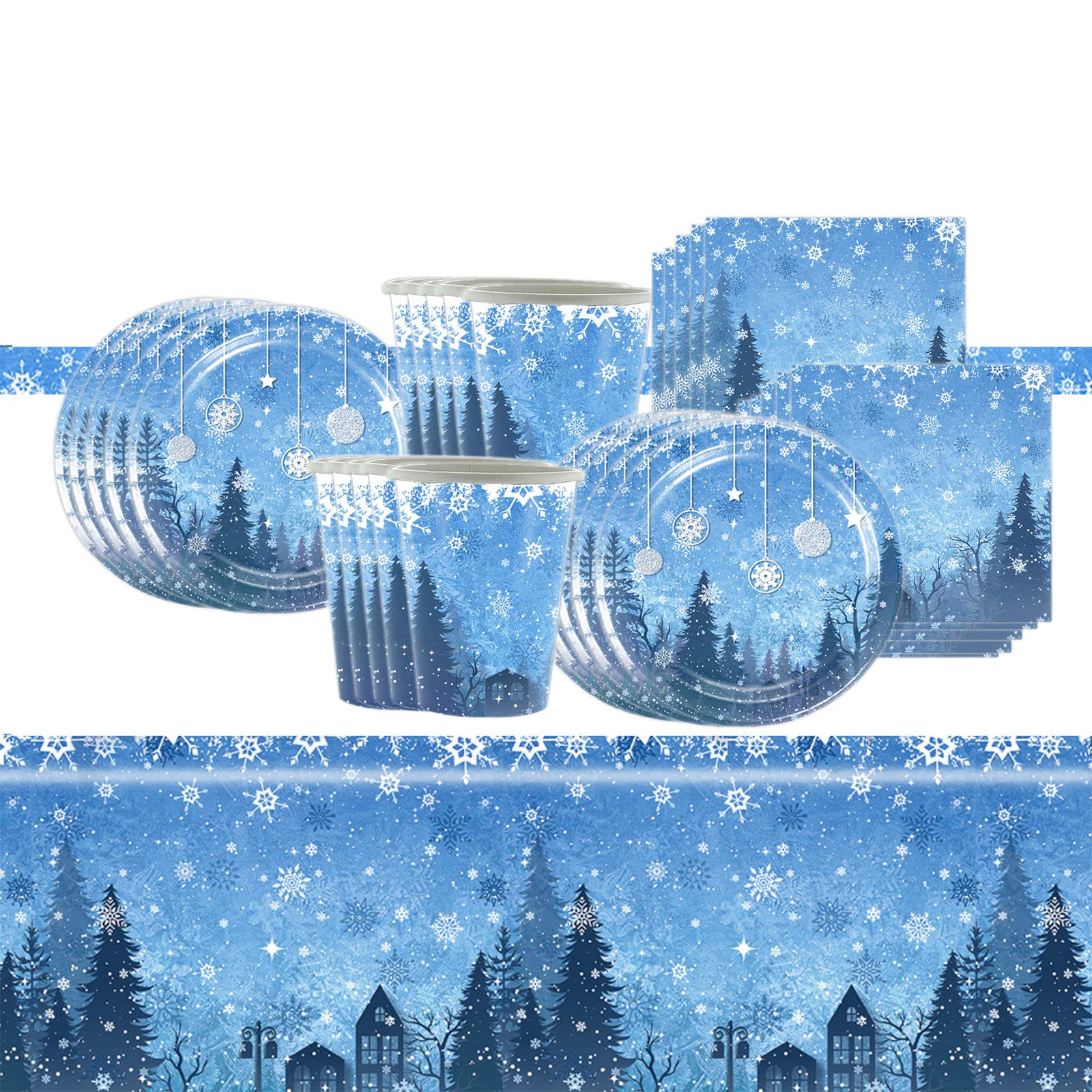 41Pcs Snowflake Christmas Party Tableware Decorations,Blue White Snowflake Tableware Set for Christmas Party Table Cloth,7inch Paper Plates,Napkins,Cups for Christmas Frozen Winte Dinnerware Decor
