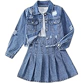MakeMeChic Girl's 2 Piece Outfits Ripped Raw Hem Long Sleeve Button Down Denim Jacket and Pleated Jean Skirt Sets