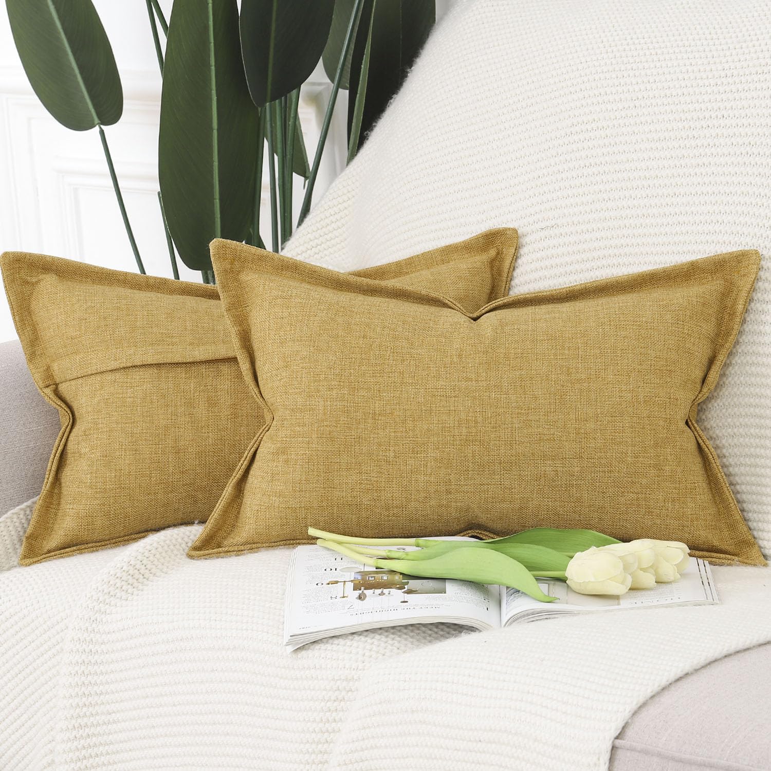 Madizz Set of 2 Faux Linen Cushion Covers with Broad Edge Soft Boho Decorative Pillow Cases for Sofa Bedroom Modern Pillow Shell 12x20 inch, 30x50 cm Mustard Yellow