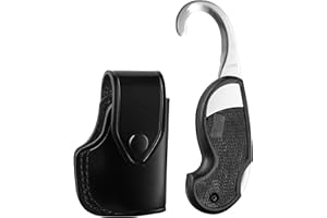 JAY-PEE 911 Rescue Tool Cut Down Knife with Leather Pouch Seat Belt Cutter Rounded Stainless Steel Emergency Safety Hook Knife with Leather Holder Foldable Compact for Corrections Prison Guards and