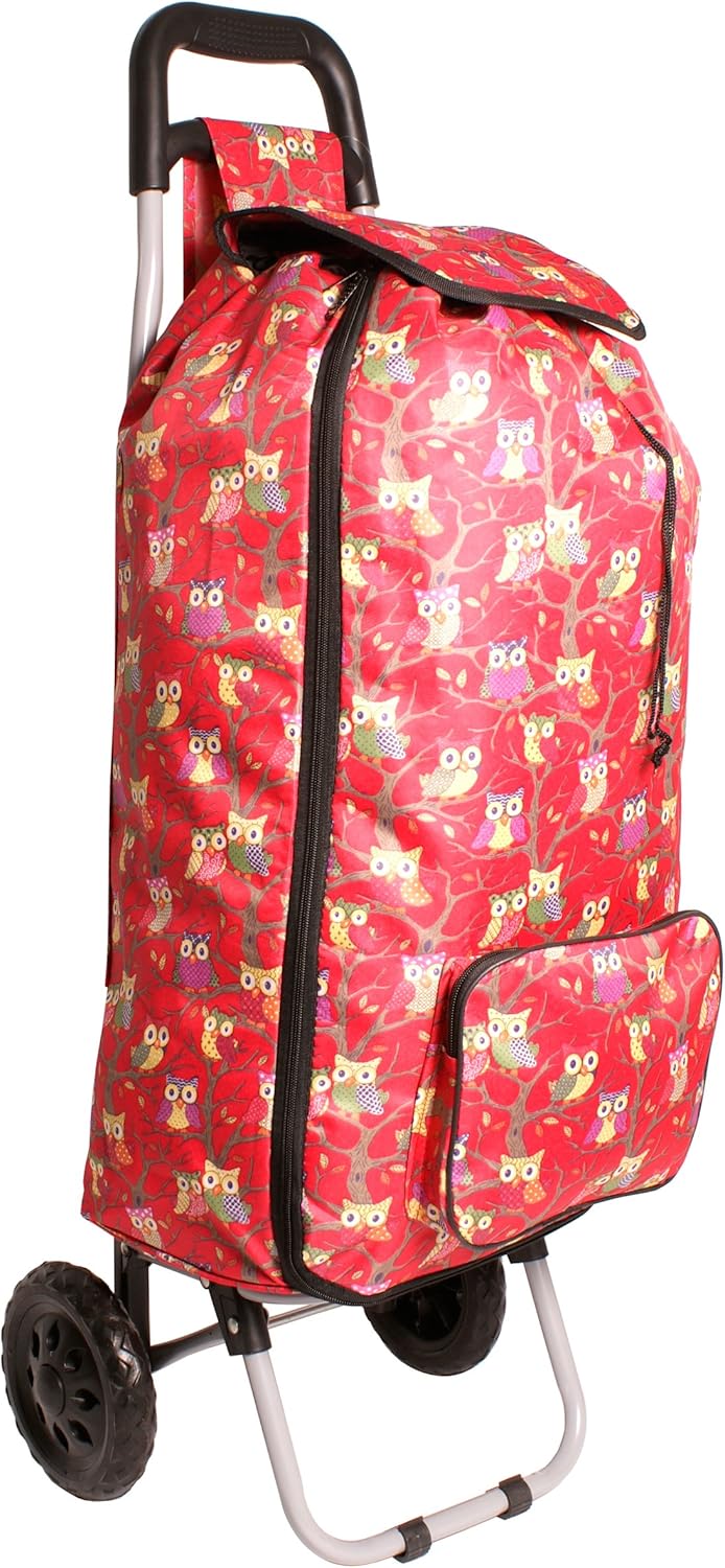 Red Owl Print Design Two Wheeled Shopping Trolley 02 Large Size