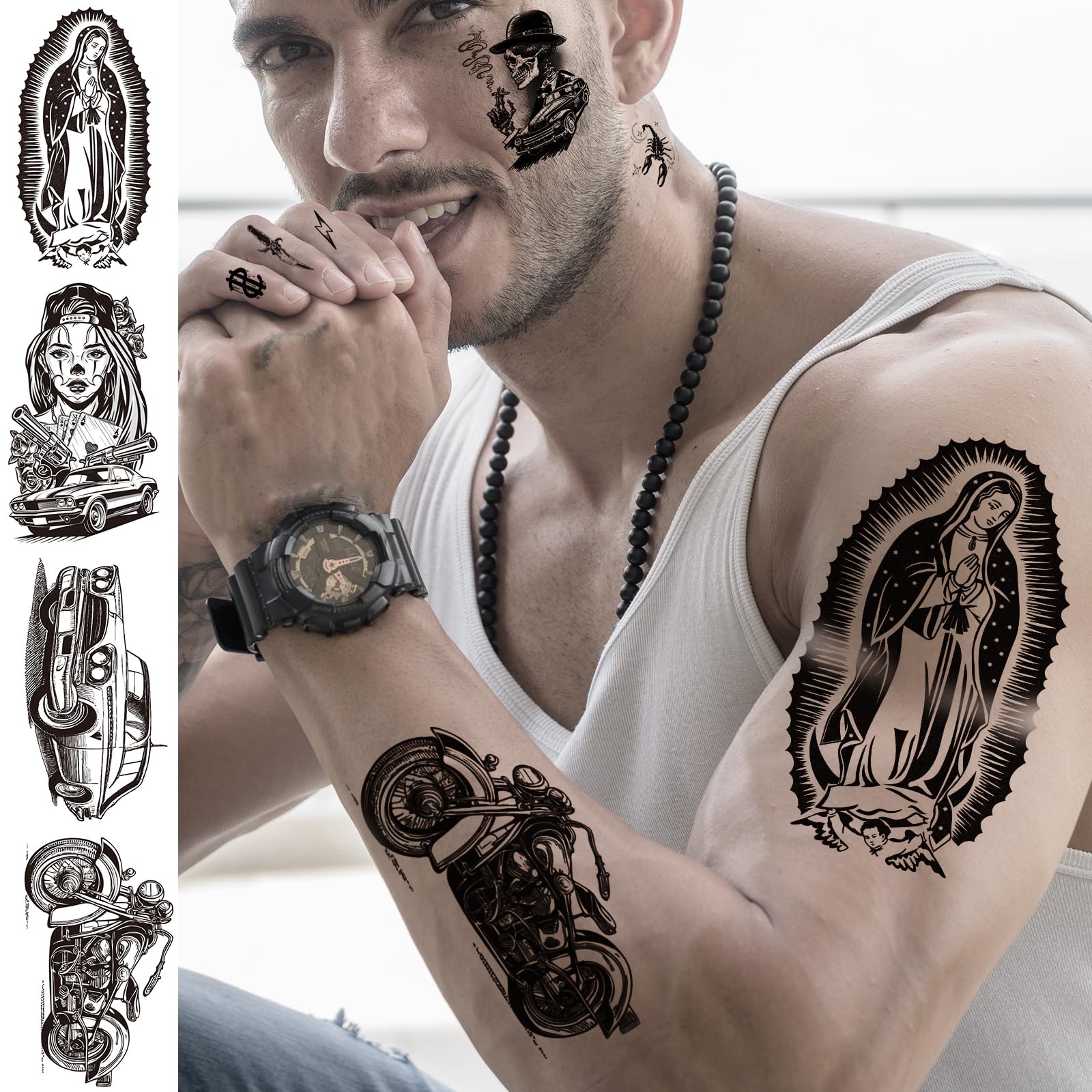 12 Sheets Large Chicano Temporary Tattoos, Cholo and Chola Temporary Tattoos, Chicana Guadalupe Gangster Fake Tattoos Day of the Dead, Día de Muertos, Tatuajes Temporales, Halloween Mexico Tattoos