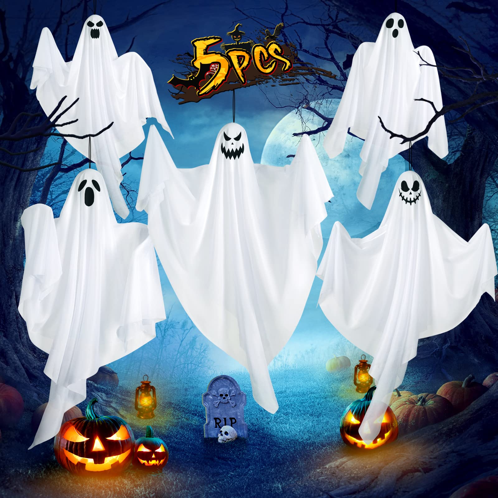 Photo 1 of 27.5" Hanging Ghosts Halloween Decor - 5 Pack Outdoor Decorations, Cute Flying Party Decorations for Front Porch, Tree, Patio, Yard, Lawn Garden, and Holiday Decor