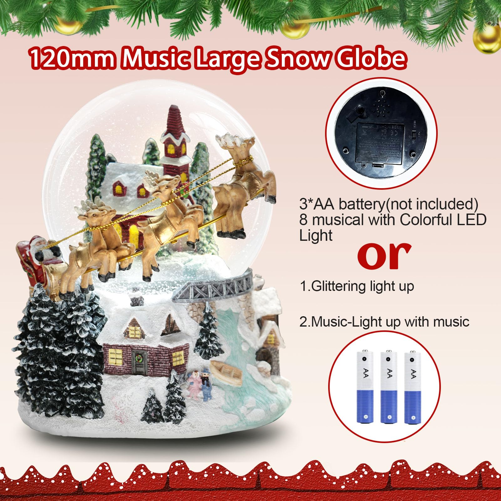 Aobaks Christmas Snow Globe with Led Light and Musical Holiday Decoration Gift, 7 Inch Height Santa Sleigh Reindeer Resin Snow Globe, Christmas Holiday Indoor Decor.