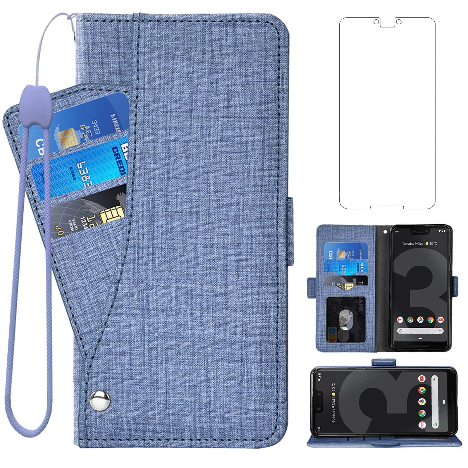 Asuwish Compatible with Google Pixel 3 XL Wallet Case Tempered Glass Screen Protector and Leather Flip Cover Card Holder Cell Accessories Phone Cases for Pixel3XL Pixel3 LX Pixle 3XL Women Men Blue