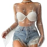 Jokesky Rhinestone Crystal Crop Top, Long Sleeve Mesh Body Chains, See Through Mesh Diamond Fishnet Shirts Outfits