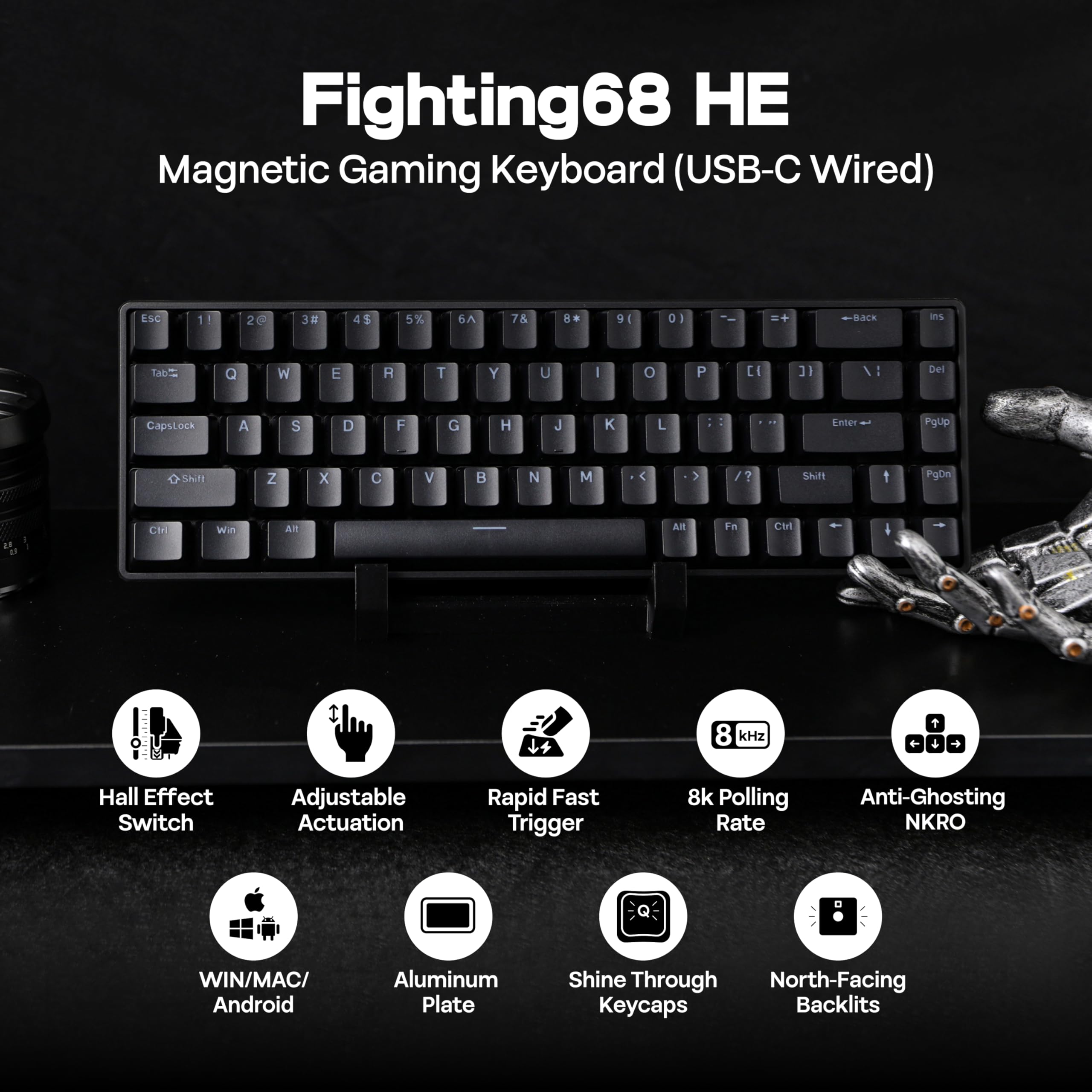 VTER Fighting68 HE Magnetic Gaming Keyboard with Adjustable Actuation, 0.08mm RT Precision, 8K Polling Rate, 68-Key Compact USB-C Wired Keyboard, Hot-Swappable, RGB Backlit (Black)
